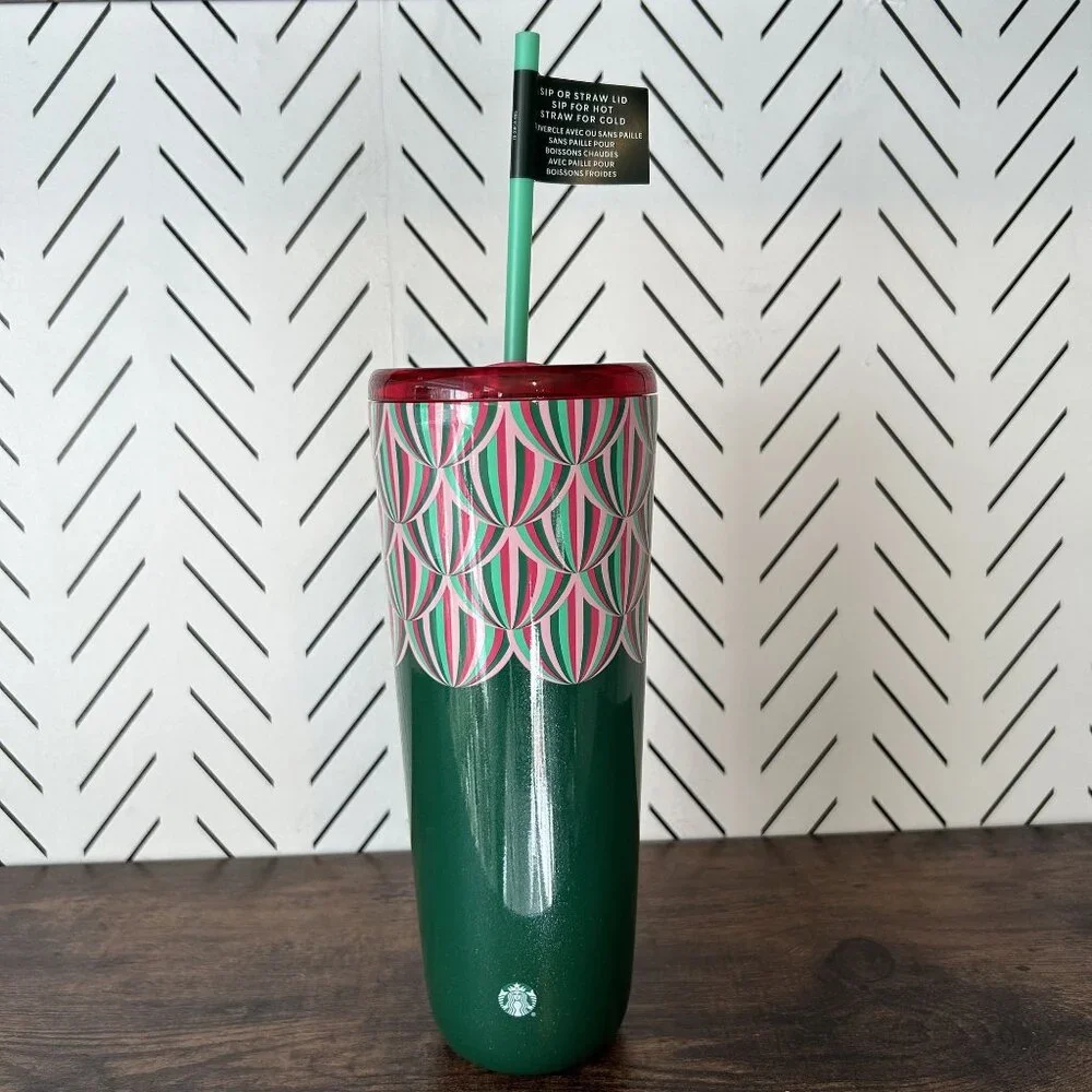 NEW Starbucks Christmas Holiday Sparkle 24 oz Tumbler Cup Straw Hot Cold Travel